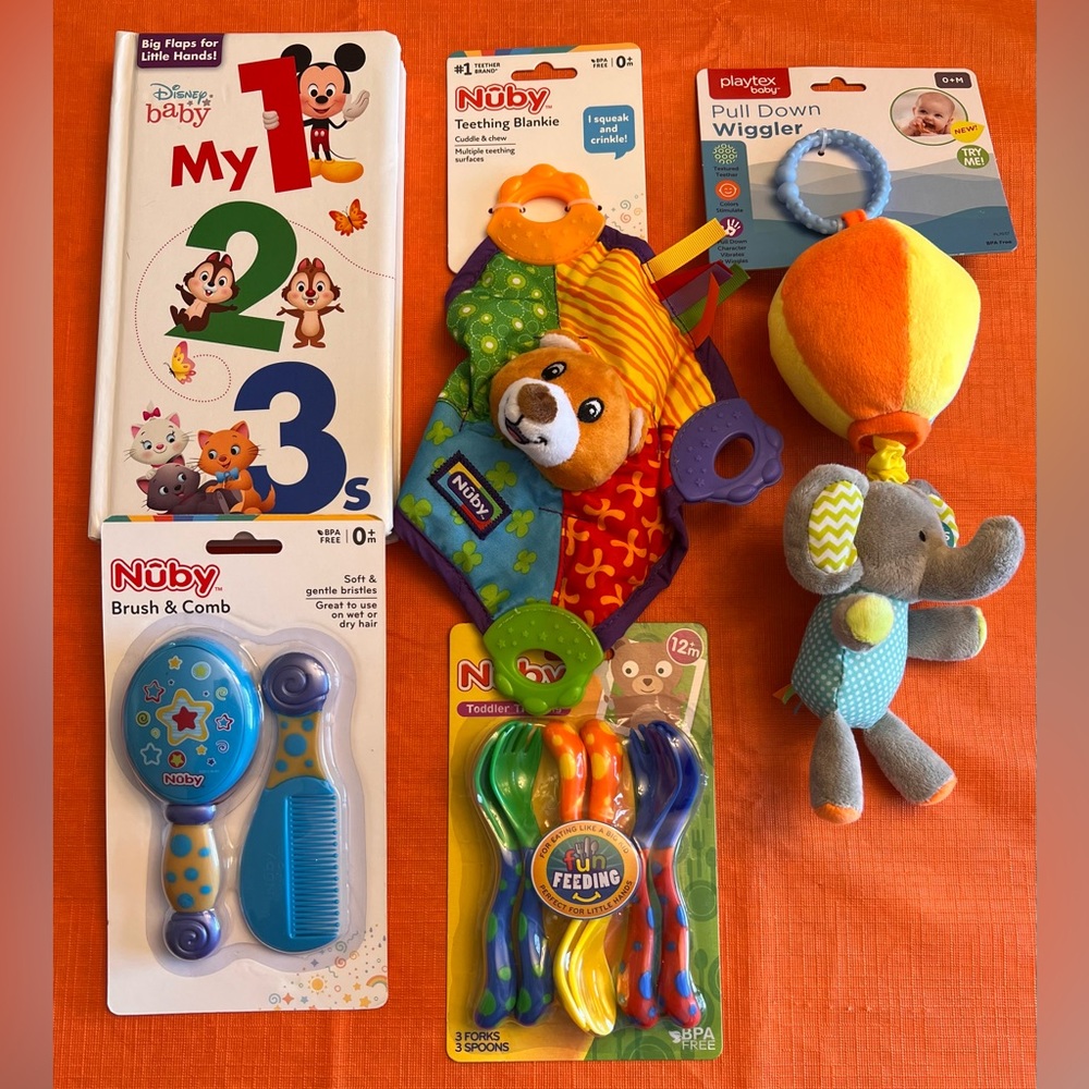 NWT, adorable bundle of baby must haves from Nuby, Playtex and Disney.